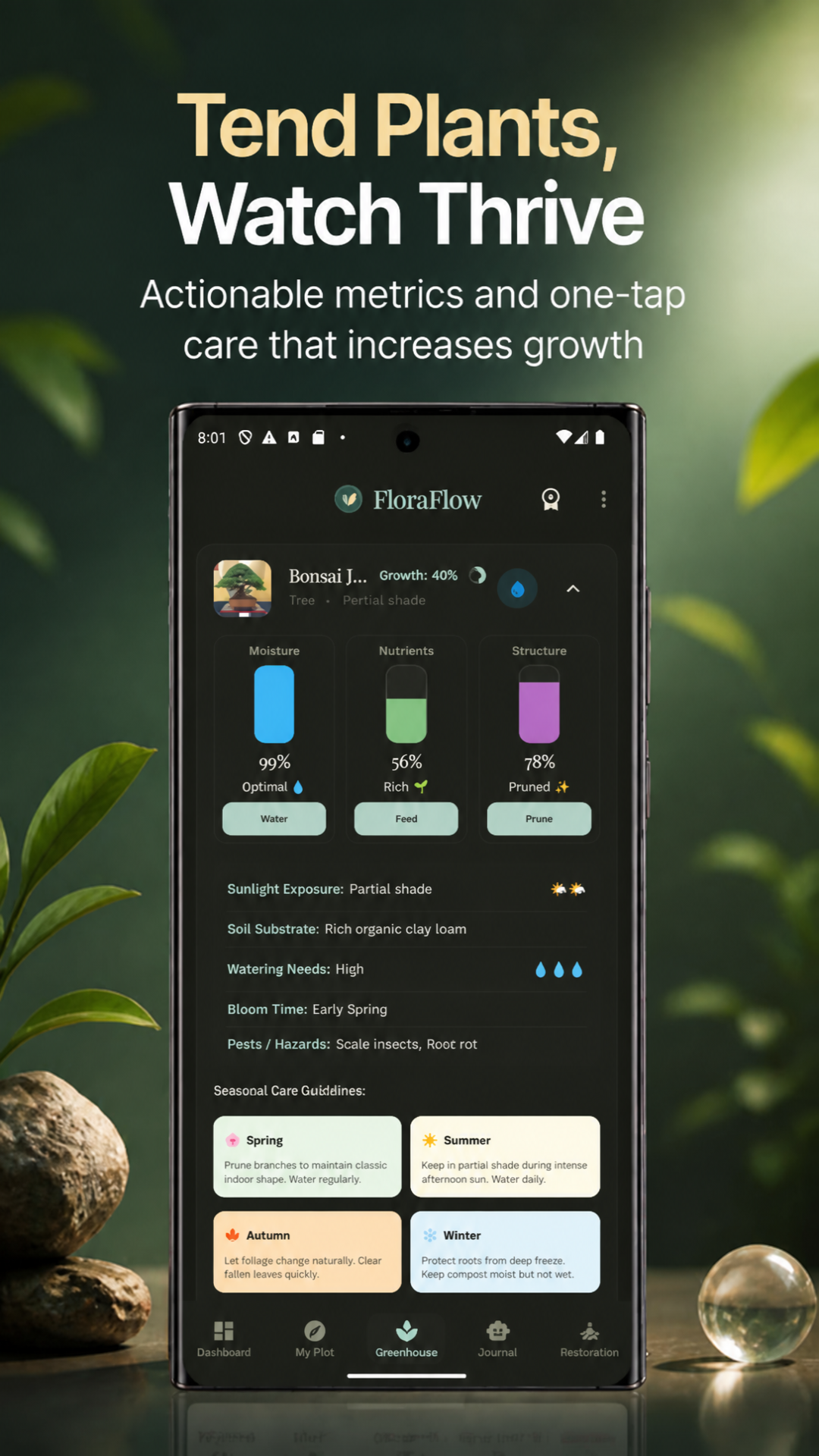 FloraFlow plant care screen with moisture, nutrient, and pruning guidance