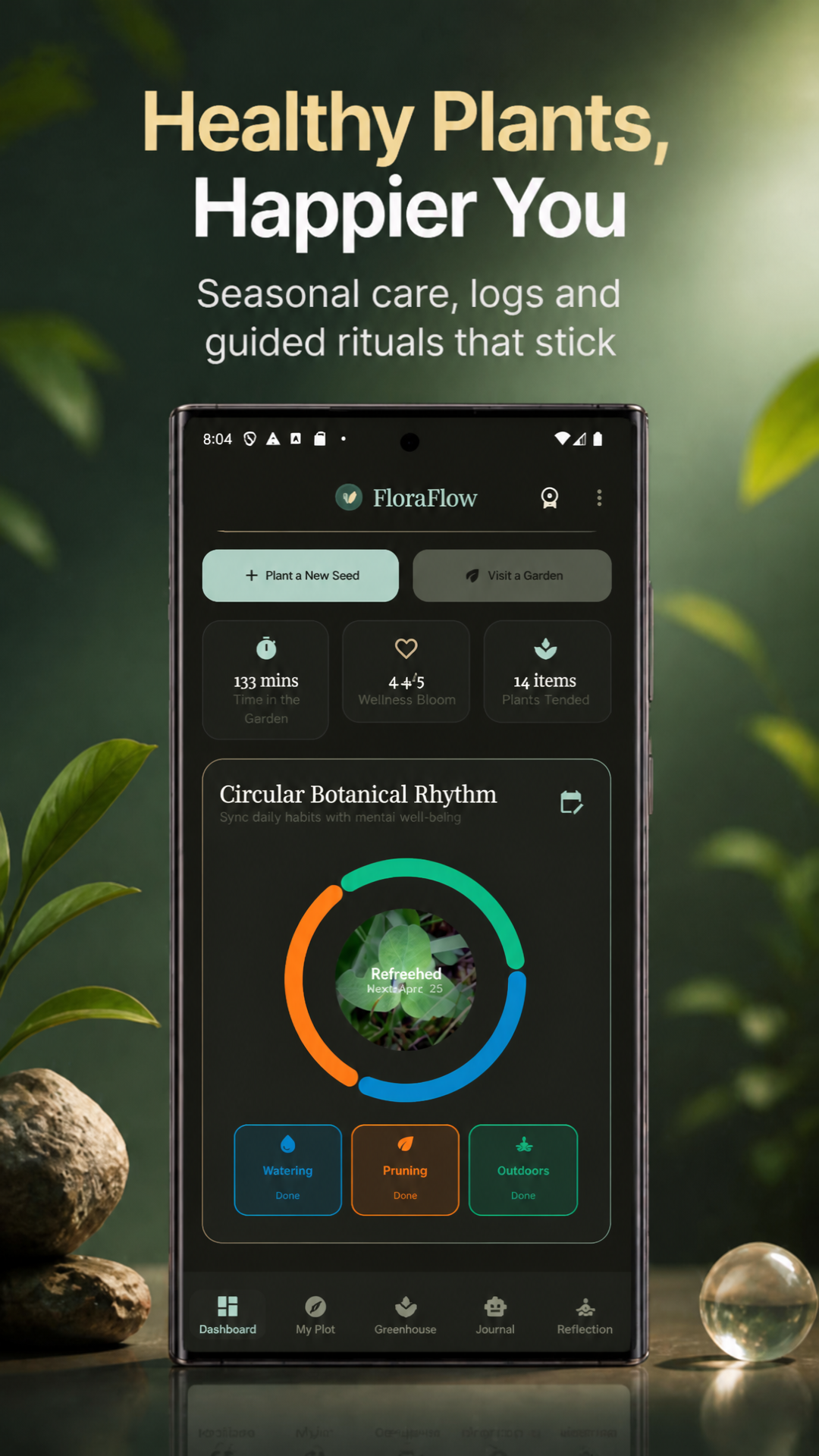 FloraFlow dashboard with daily plant care rhythm