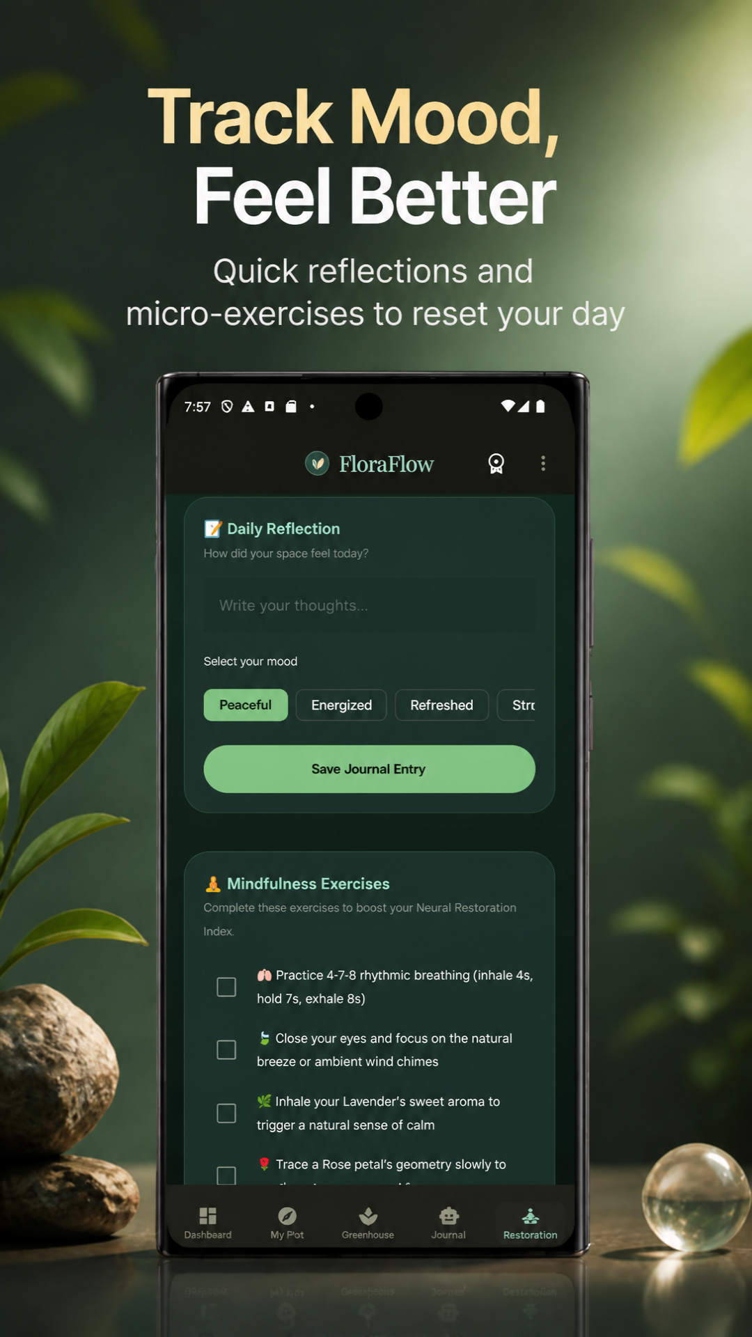 FloraFlow reflection and mindfulness exercise screen